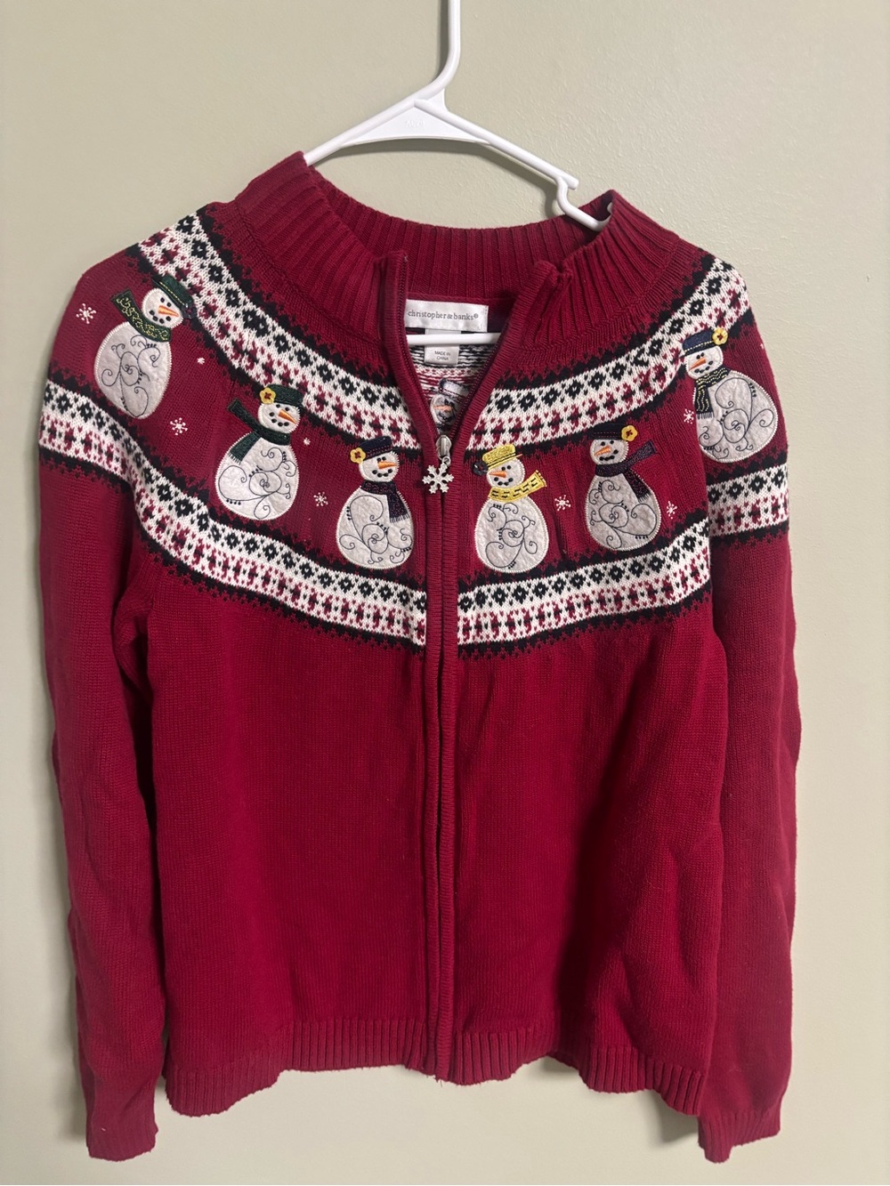 Christopher & Banks Red Christmas Sweater Full Zip Snowman Embroidered Large